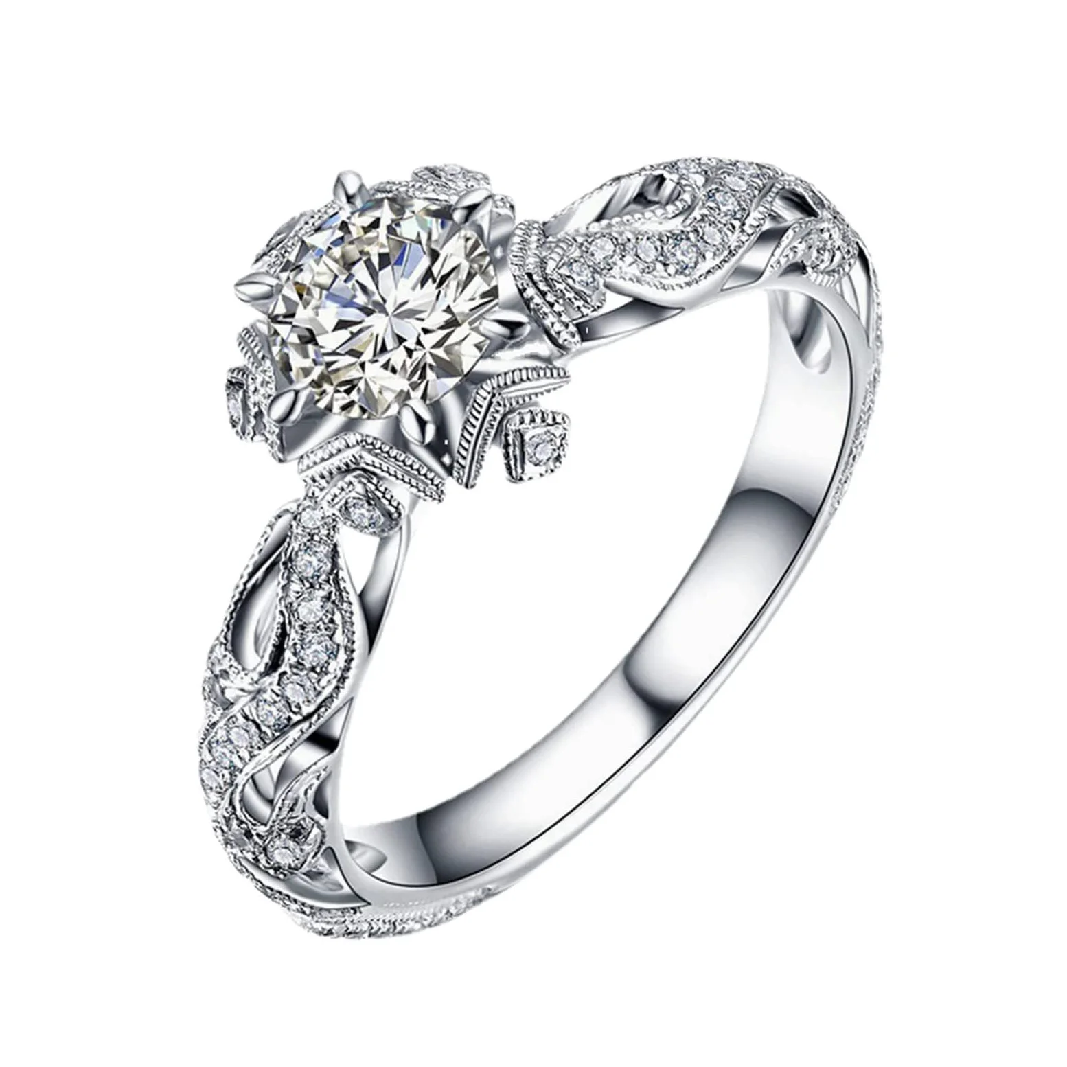 Rond geslepen Diamantwit art deco halo verlovingsring in 925 sterling zilver