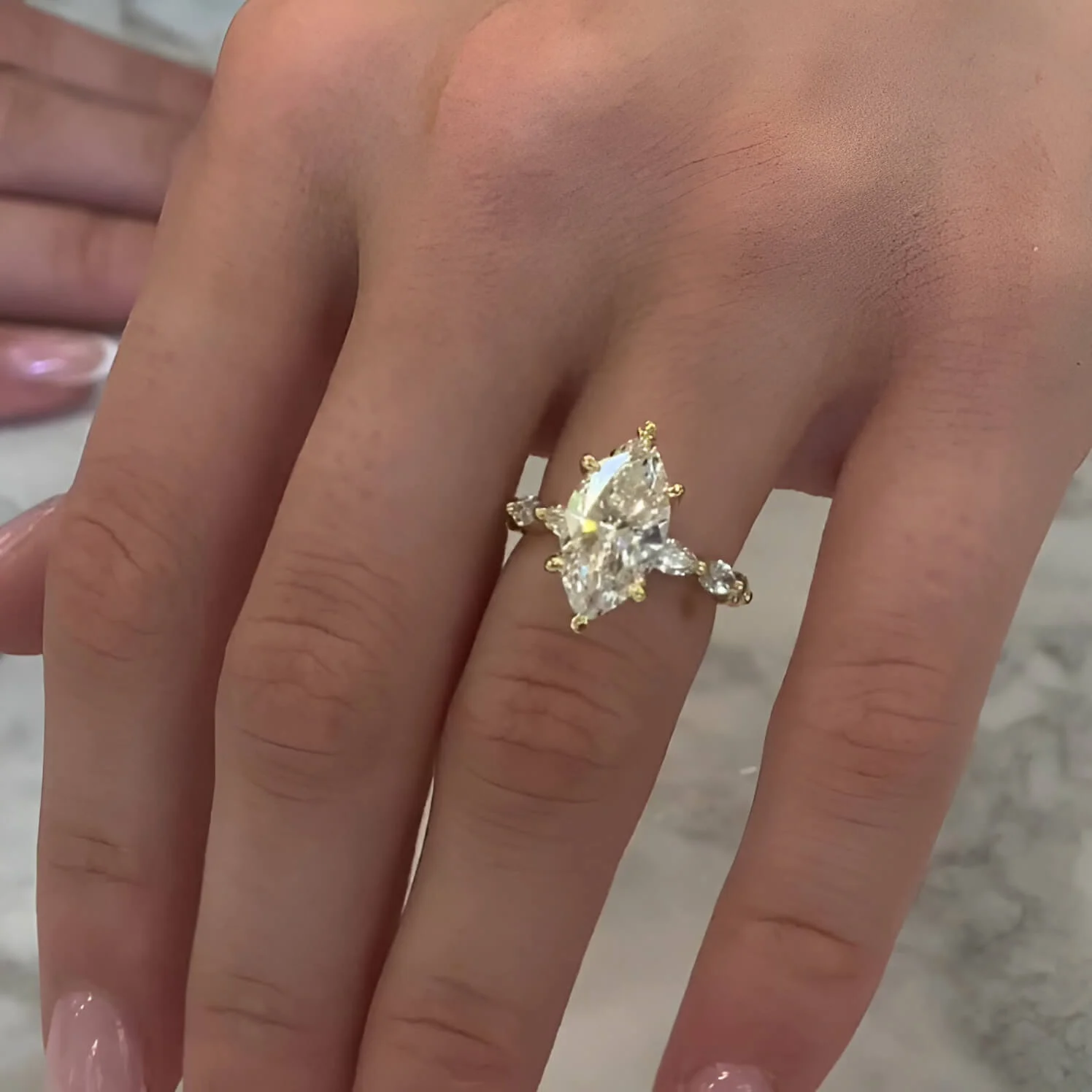 Marquise Geslepen Diamant Witte Sterling Zilveren Geelgoud Verlovingsring