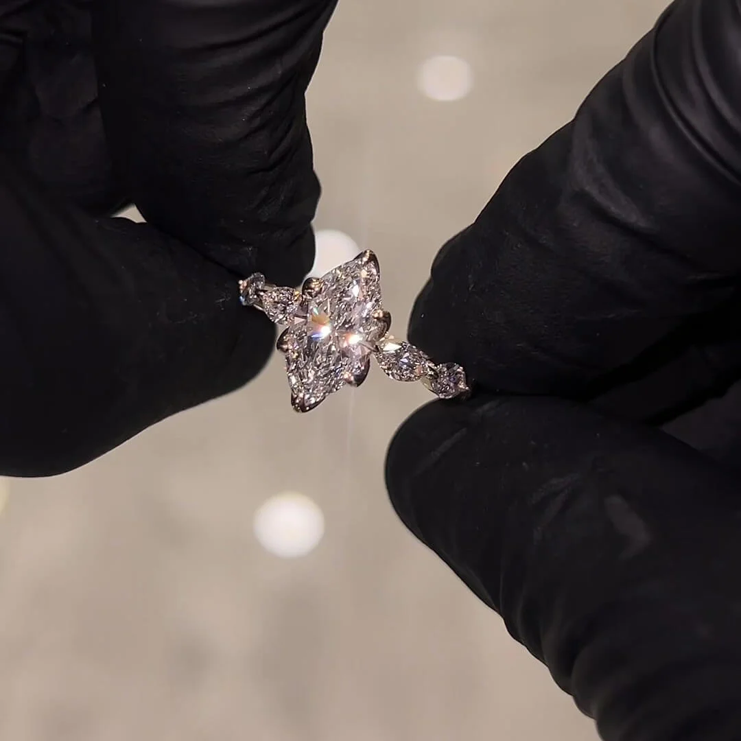 Marquise Geslepen Diamant Witte Sterling Zilveren Geelgoud Klassiek Verlovingsring