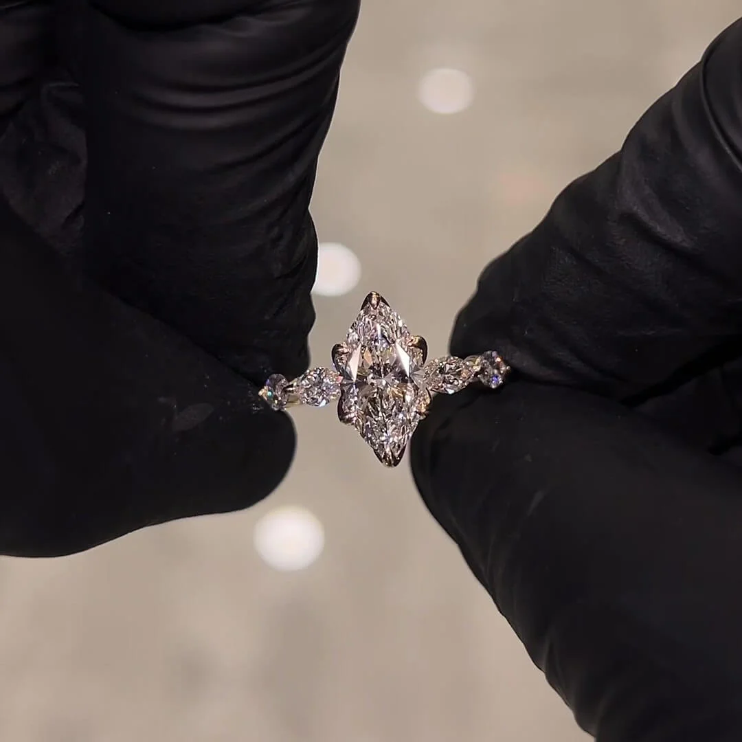 Marquise Geslepen Diamant Witte Sterling Zilveren Geelgoud Klassiek Verlovingsring