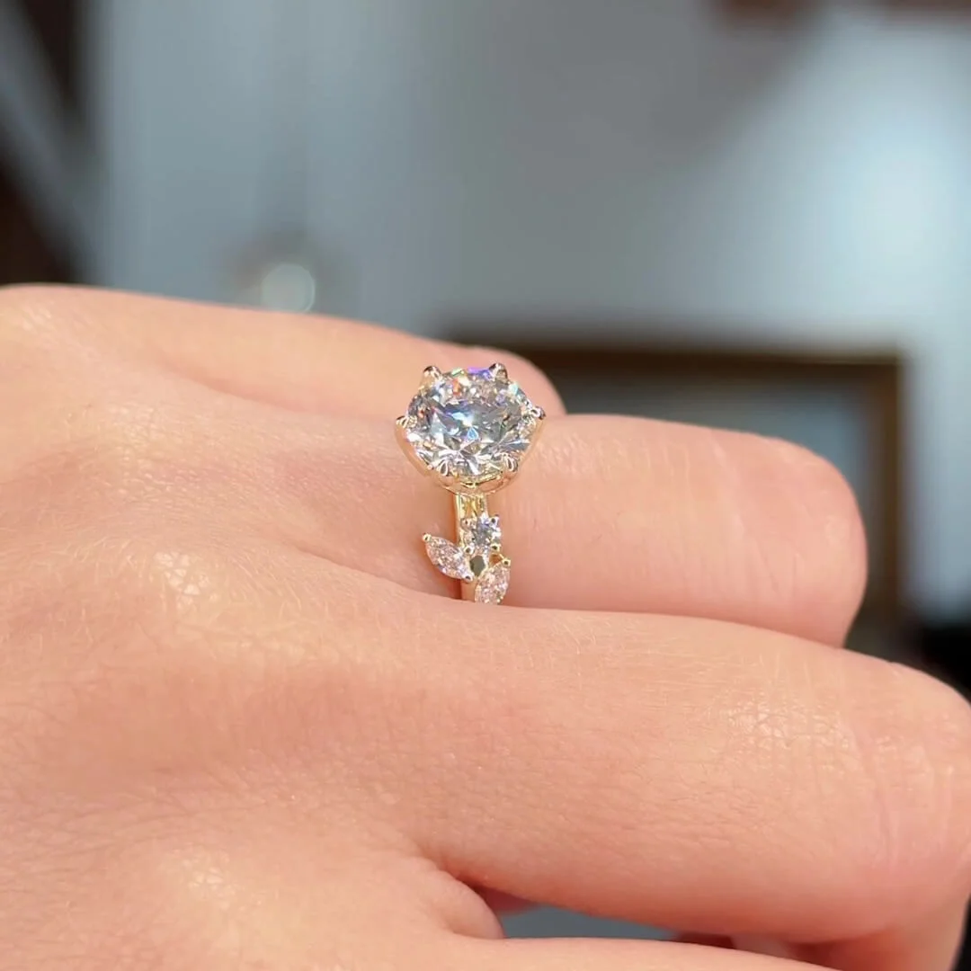 Rond gesneden Diamant Witte Sterling Zilveren Geelgoud Art Deco Verlovingsring