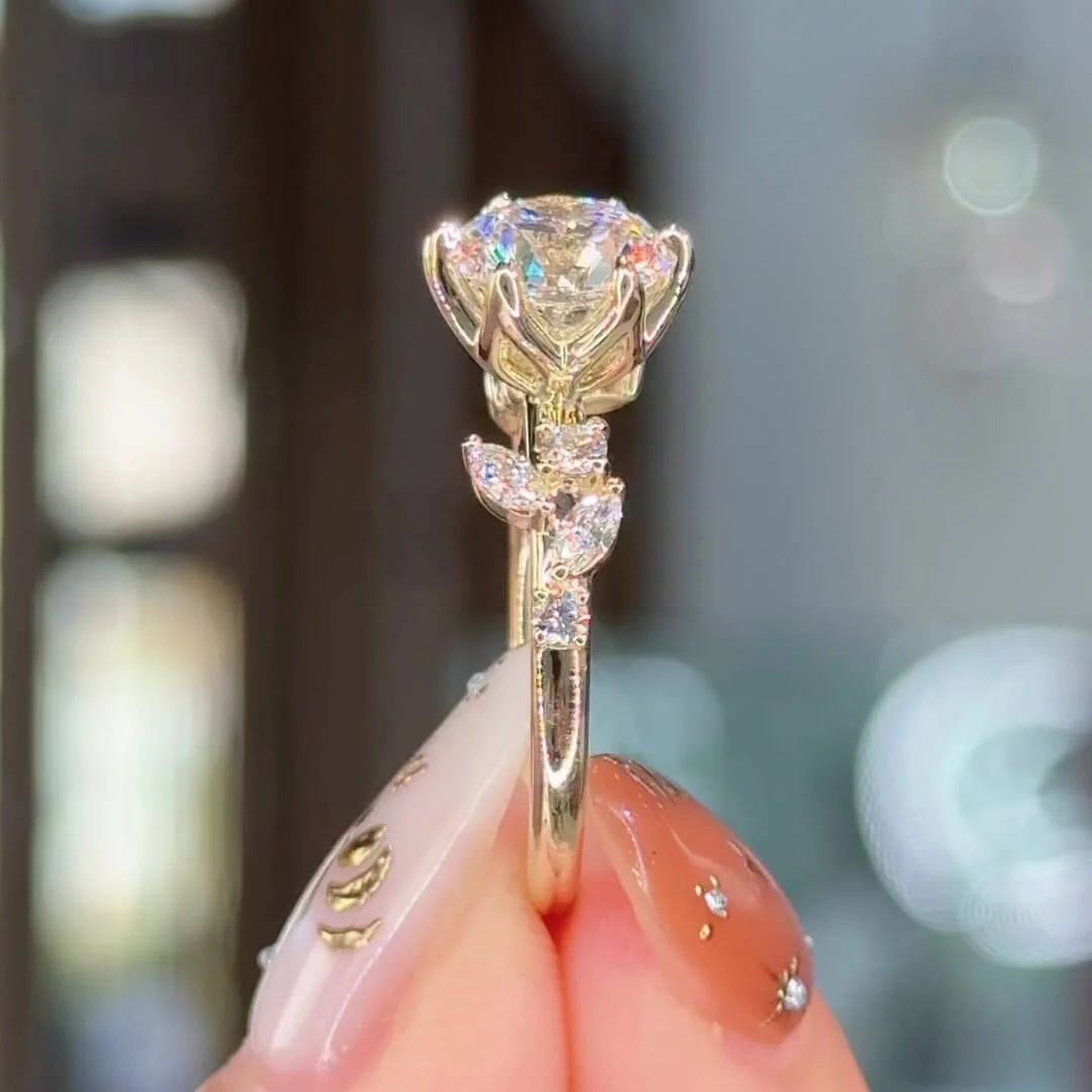 Rond gesneden Diamant Witte Sterling Zilveren Geelgoud Art Deco Verlovingsring