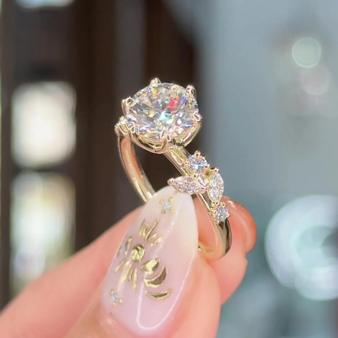 Rond gesneden Diamant Witte Sterling Zilveren Geelgoud Art Deco Verlovingsring