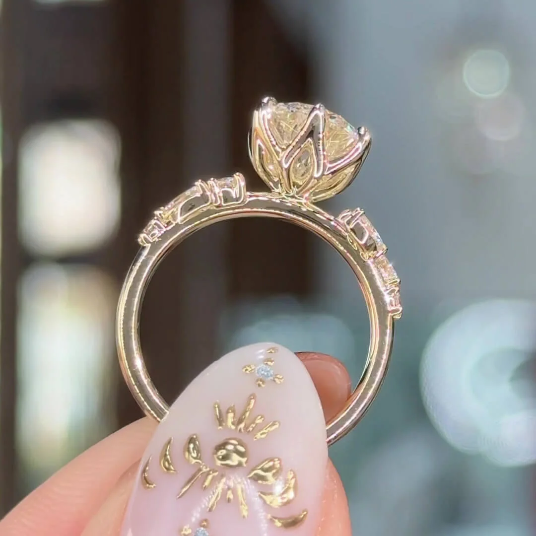 Rond gesneden Diamant Witte Sterling Zilveren Geelgoud Art Deco Verlovingsring