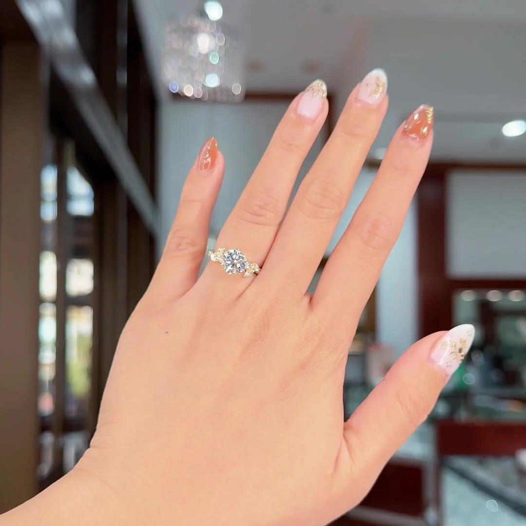 Rond gesneden Diamant Witte Sterling Zilveren Geelgoud Art Deco Verlovingsring