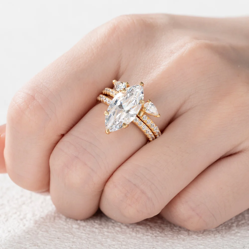 Markies geslepen Diamantwit sterling zilver geelgoud inzet trouwringenset