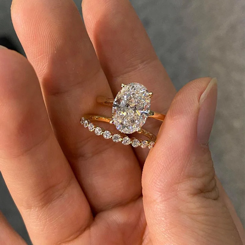 Ovaal geslepen Diamantwit sterling zilver Geelgoud Halo trouwringenset