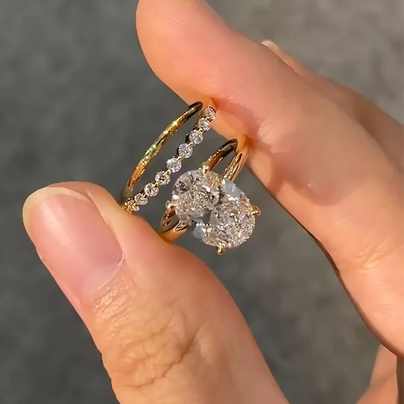 Ovaal geslepen Diamantwit sterling zilver Geelgoud Halo trouwringenset